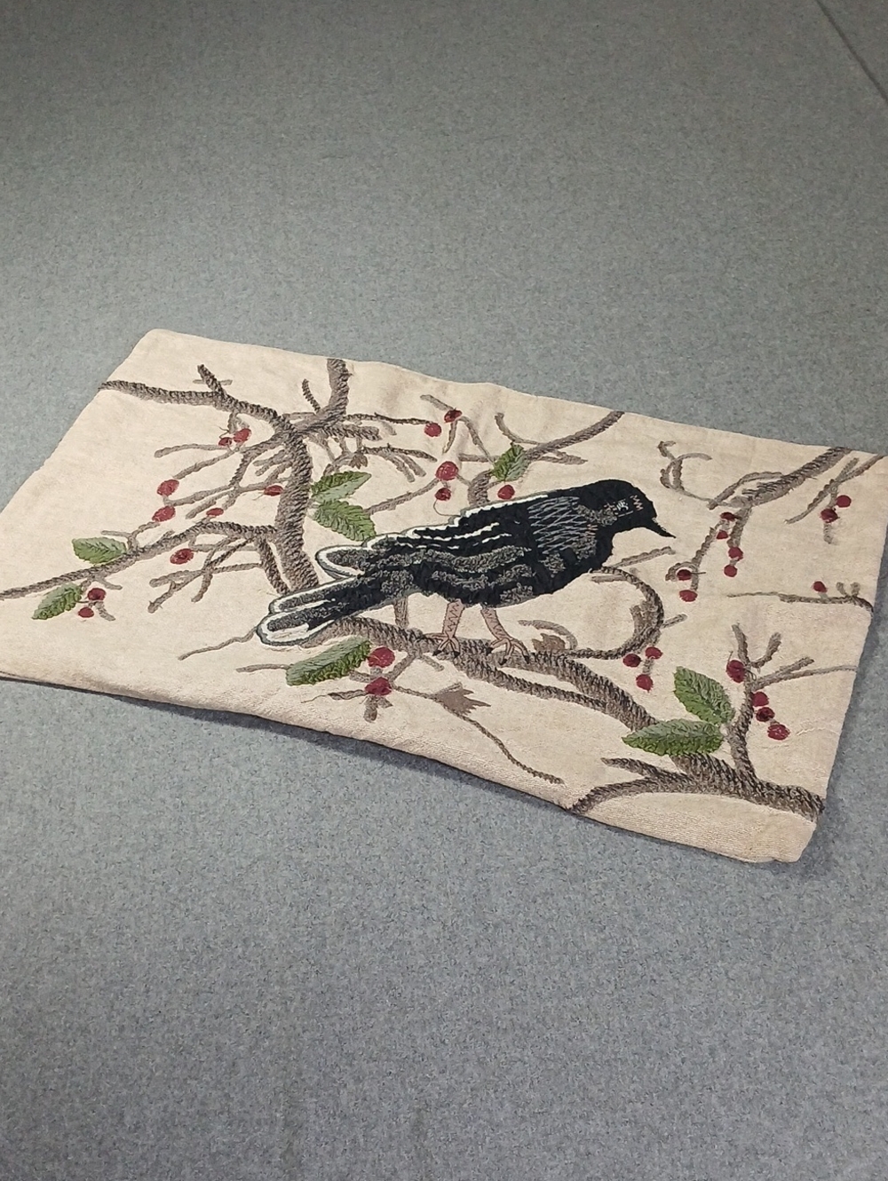 Hand-Embroidered Black Bird Decorative Pillow Cover - Beige